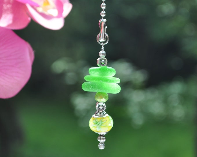 Light Fan Pull, Genuine Sea Glass, Ceiling Fan Pull, Light Pull, Sun Catcher, Frosty Green Stack 464, Lamp Pull, Beaded Pull, Unique Gifts