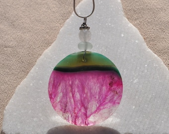 Stone Necklace, Geode Onyx Agate Pendant, Green & Pink Round, Genuine Sea Glass Accent, Faceted Quartz Gemstone, Sterling Chain Included B64