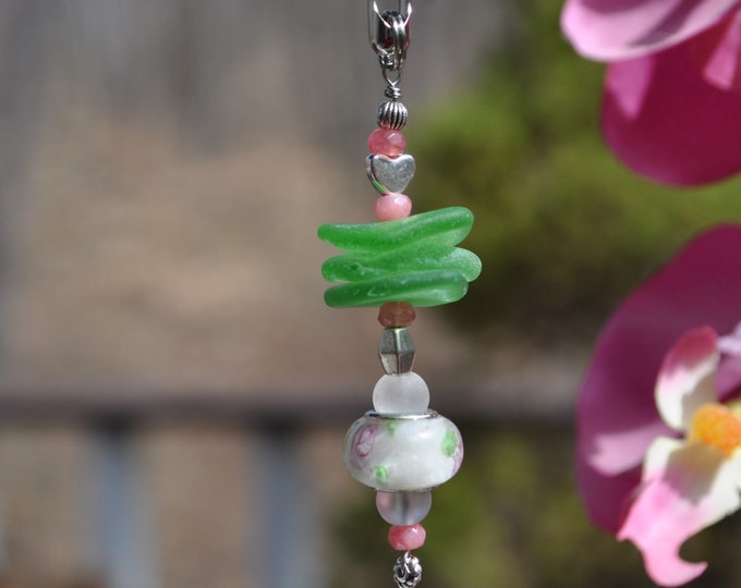 Decorative Light Pull. Genuine Sea Glass, Ceiling Fan Pull, Light Pull, Suncatcher, Frosty Green Stack 421, Lamp Pull, Beaded Pull Unique