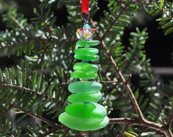 Sea Glass Christmas Tree Ornament, Delightful Stocking Stuffer, Unique Gift, Holiday Package Decor, Genuine Green Sea Glass & Rainbow Star