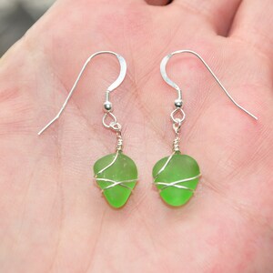 Sea Glass Jewelry Beach Charm Earrings Wrapped in Sterling Silver in Green 1124 Free Shipping Stocking Stuffer