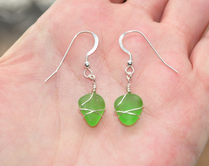 Sea Glass Jewelry Beach Charm Earrings Wrapped in Sterling Silver in Green 1124 Free Shipping Stocking Stuffer