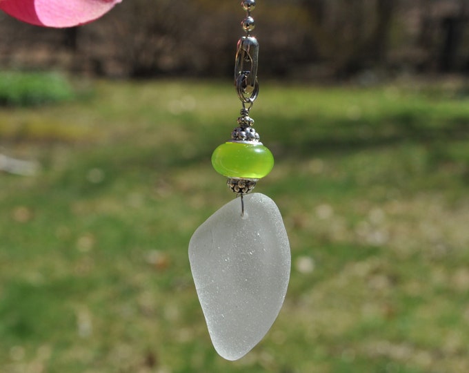 Genuine Sea Glass, Ceiling Fan, Light Pull, Suncatcher, Frosty White Drop 719, Decorative Lamp Pull, Beaded Pull, Beach Lover Gifts