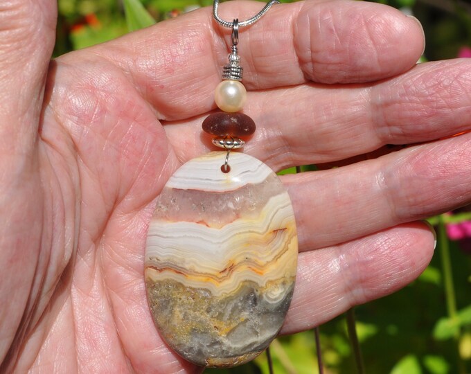 Lace Agate Pendant Necklace, Large Beige Oval Stone, Genuine Sea Glass Accent, Pearl Bead, Sterling Chain Included B127