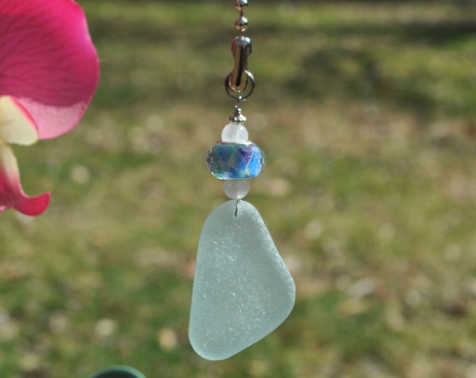 Decorative Fan Pull, Genuine Light Blue Sea Glass, Ceiling Light Pull, Sun Catcher, Frosty Drop 819, Lamp Pull, Beaded Pull, Beach Fan Pull