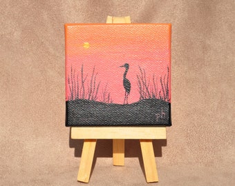 Marsh Crane Miniature Painting with Easel Mini Canvas Fine Art Ornamental Table Accent Original Acrylic Painting Free Shipping