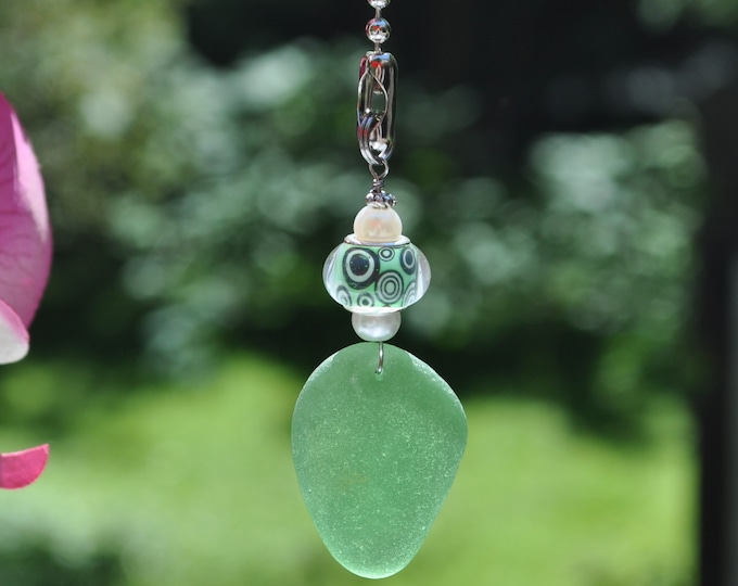 Genuine Sea Glass, Ceiling Fan Pull, Light Pull, Suncatcher, Frosty Green Drop 460, Lamp Pull, Unique Gift, Beaded Pull, Beach Lover Gifts