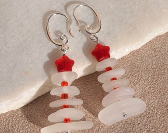 Sea Glass Christmas Tree Earrings, Genuine in White with Red Star, Festive Accessories