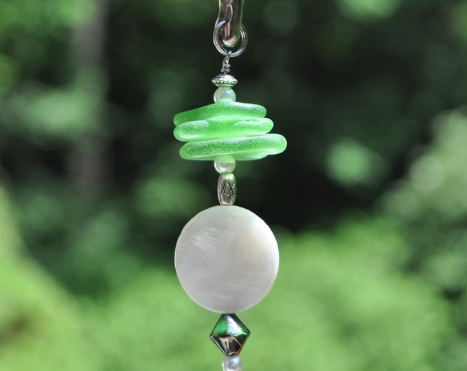 Coastal Fan Pull, Genuine Sea Glass, Ceiling Fan Pull, Light Pull, Suncatcher, Frosty Green Stack 433, Beach Gifts, Lamp Pull, Beaded Pull