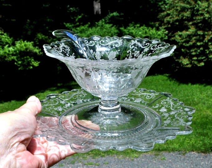 Vintage Cambridge Crystal Chantilly Martha Mayonnaise Bowl w/ Ladle Free Ship