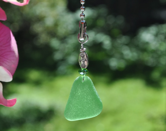 Genuine Sea Glass, Ceiling Fan Pull, Light Pull, Suncatcher, Frosty Green Drop 461, Lamp Pull, Unique Gift, Beaded Pull, Beach Gifts