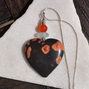 Kambaba Jasper Necklace Pendant, Large Natural Heart, Genuine Sea Glass Accent, Red Agate Gemstone, Sterling Chain Included B72