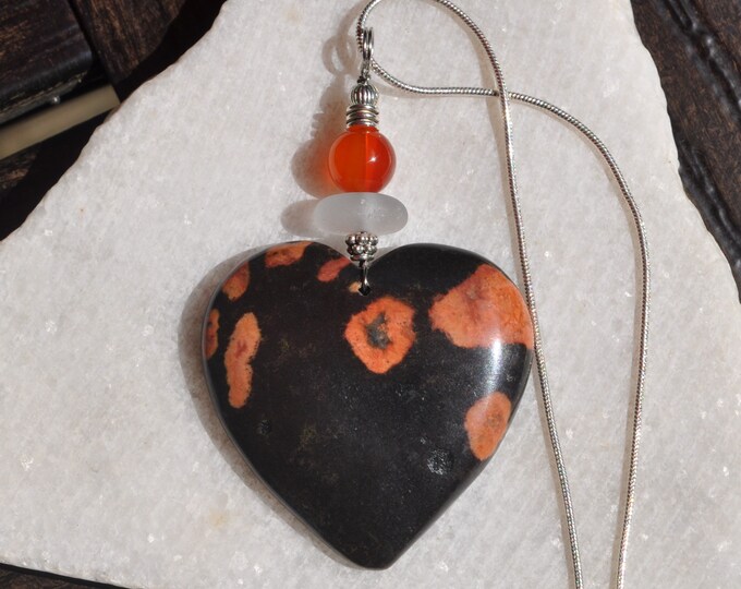 Kambaba Jasper Necklace Pendant, Large Natural Heart, Genuine Sea Glass Accent, Red Agate Gemstone, Sterling Chain Included B72