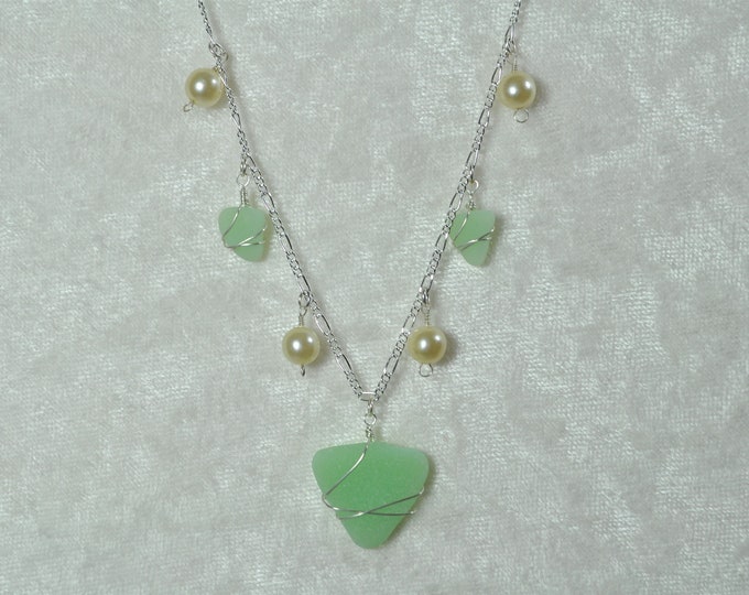 Sea Glass Jewelry Green Jadeite Beach Necklace Princess with Pearls Free Shipping 1009