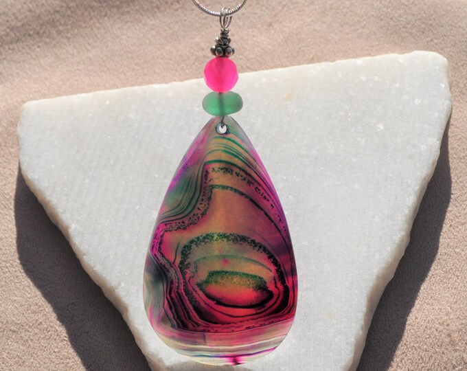 Stone Pendant, Striped Onyx Agate Necklace, Swirling Pink Teardrop, Genuine Sea Glass Accent, Rose Jade Gemstone, Sterling Chain Incl. B62