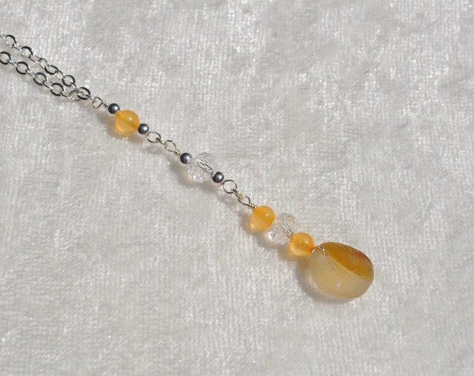 Genuine Sea Glass Jewelry Beach Necklace Shorty Drop w/ Crystals Sterling Silver Beads Sterling Chain Yellow Jade Gemstones Free Ship 8905