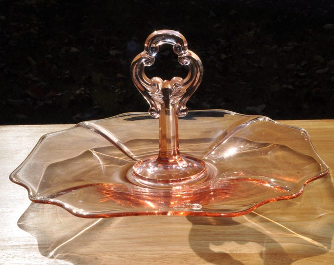 Pink Multi-Purpose Server Sandwich Plate w/ Handle 10.5" Depression Vintage Free Ship