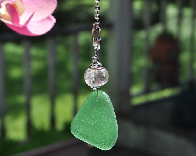 Decorative Fan Pull, Genuine Sea Glass, Ceiling Fan Pull, Light Pull, Suncatcher, Frosty Green Drop 447, Lamp Pull, Beach Gift, Beaded Pull