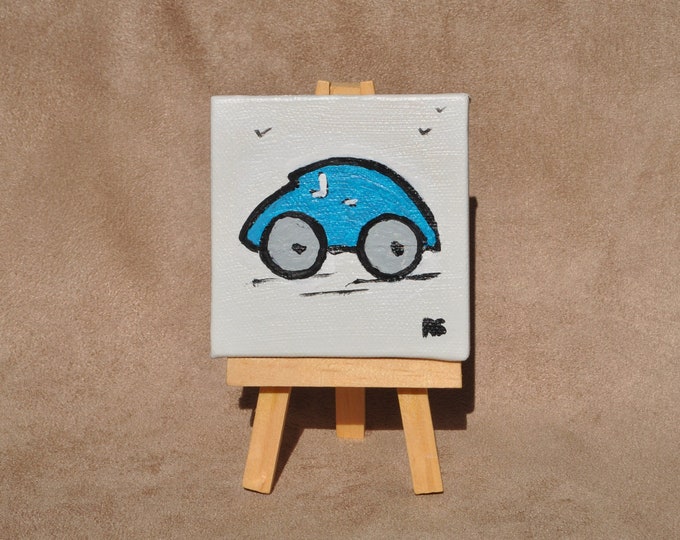 Vintage Car Painting, Whimsical Car Collection, Miniature Canvas with Easel, Mini Car Art,  Blue Bug Original Acrylic, Auto from Past