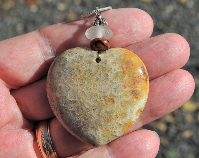 Coral Fossil Pendant Necklace, Lovely Heart, Genuine Sea Glass Accent, Goldstone Gemstone Bead, Sterling Chain Included B120