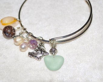 Adjustable Expandable Sea Glass Jewelry Beach Bangle Wire Charm Bracelet Seafoam 1133