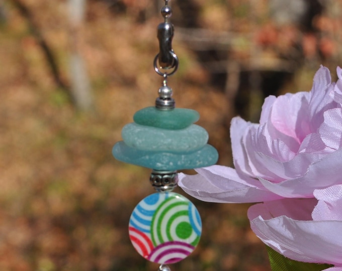 Ceiling Fan Pulls, Genuine Sea Glass, Light Pulls, Decorative Suncatcher, Frosty Blue Varied Mix Stack 825, Beaded Pull Unique Sun Catcher