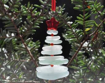 Sea Glass Christmas Tree Ornament, Delightful Stocking Stuffer, Unique Gift, Holiday Package Decor, Genuine Seafoam Mix with Red Star