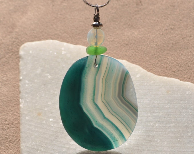 Stone Necklace, Onyx Geode Agate Pendant, Green Striped Oval, Genuine Sea Glass Accent, Faceted Opalite Gemstone, Sterling Chain Incl. B363