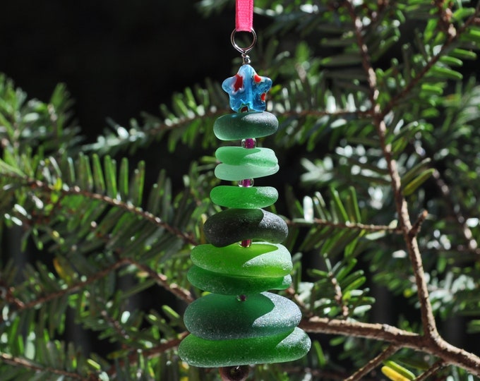 Sea Glass Christmas Tree Ornament, Delightful Stocking Stuffer, Unique Gift, Holiday Package Decor, Genuine Odd Green Mix with Aqua Star