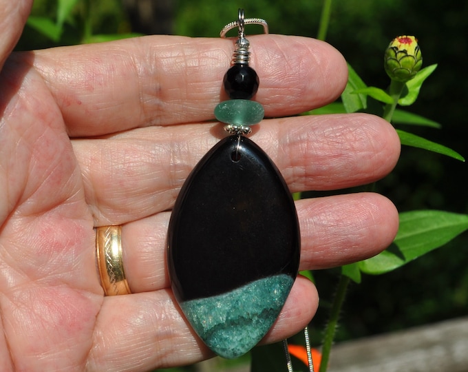 Stone Necklace, Geode Onyx Agate Pendant, Black and Green Marquise, Genuine Sea Glass Accent, Faceted Agate Gemstone, Sterling Chain B202