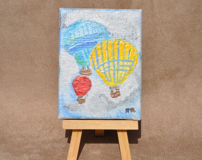 Up and Away Balloons Miniature Painting with Easel Mini Canvas Fine Art Ornamental Table Accent Original Acrylic Painting Free Shipping