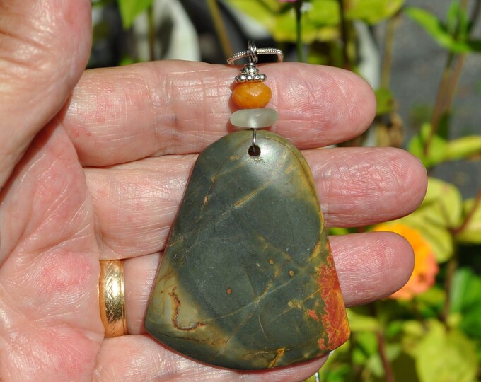 Rock Necklace, Picasso Jasper Pendant, Natural Green and Red, Genuine Sea Glass Accent, Faceted Citron Gemstone, Sterling Chain Included B83