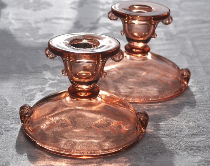 Vintage Depression Pink Etched Candle Holders #715 Imperial Double Scroll 3.5" Tall Free Ship