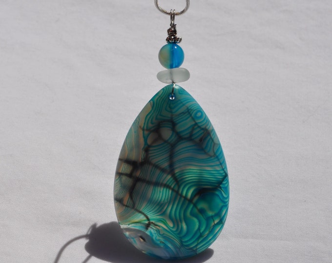 Rock Necklace, Dragon Veins, Fire Agate Pendant, Large Blue Stone, Genuine Sea Glass Accent, Blue Agate Gemstone, Sterling Chain Incl. B269