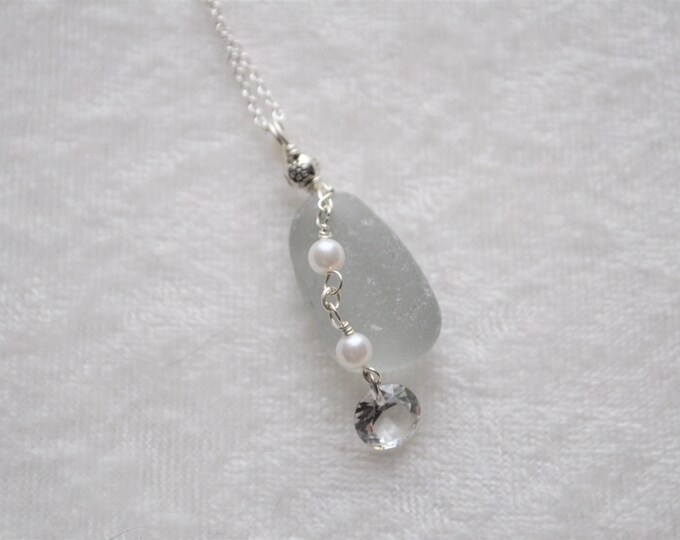 Sea Glass Jewelry Beach Necklace with Deep Grey and Pearls and CZ stone Sterling Silver Free Shipping 7048