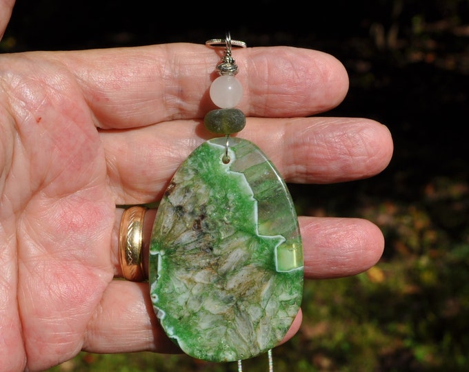 Stone Necklace, Geode Agate Pendant, Large Green and White Rock Oval, Genuine Sea Glass Accent, Jade Gemstone, Sterling Chain Included B311