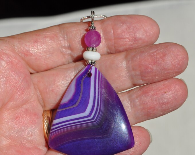 Rock Necklace, Onyx Agate Pendant, Large Striped Purple Stone, Genuine Sea Glass Accent, Alexandrite Gemstone, Sterling Chain Included B8