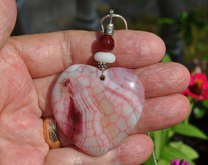 Stone Necklace, Dragon Veins, Fire Agate Pendant, Red and Pink Heart, Genuine Sea Glass Accent, Faceted Ruby Gemstone, Sterling Chain B211