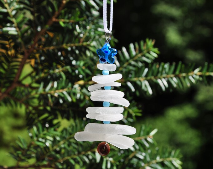 Sea Glass Christmas Tree Ornament, Delightful Stocking Stuffer, Unique Gift, Holiday Package Decor, Genuine White Sea Glass with Blue Star