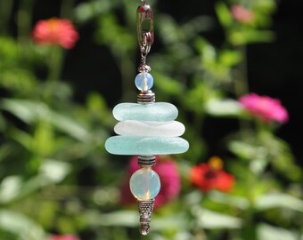 Ceiling Fan Pulls, Genuine Sea Glass, Light Pulls, Decorative Suncatcher, Frosty Blue and White Stack 801, Beaded Pull Unique Sun Catcher