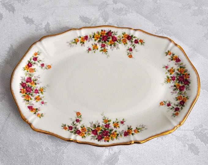 Vintage Royal Grafton Rose Garden Serving Plate 11x7.5" Gold Trim Free Ship