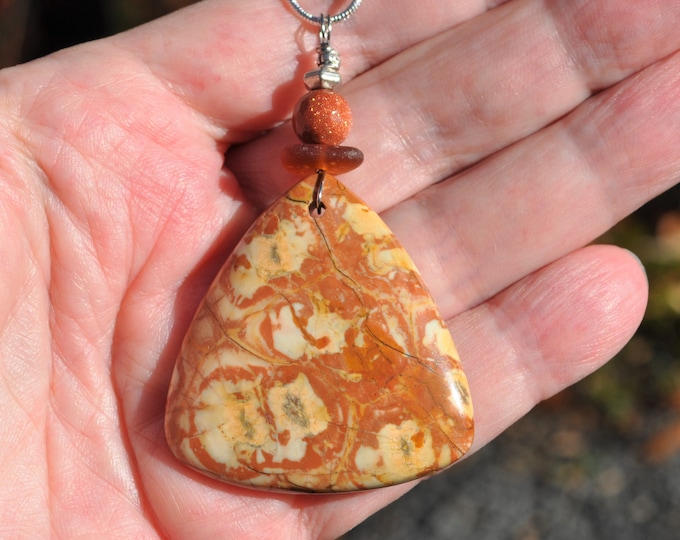 Jasper Necklace Pendant, Beautiful Large Natural Stone, Genuine Sea Glass Accent, Faceted Goldstone Gemstone, Sterling Chain Incl. B118