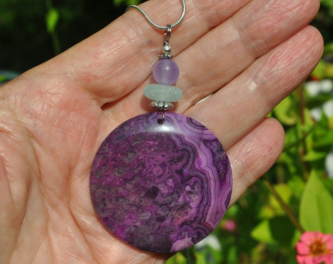 Lace Agate Necklace Pendant, Large Purple Round, Genuine Sea Glass Accent, Purple Jade Gemstone, Sterling Chain Included B157