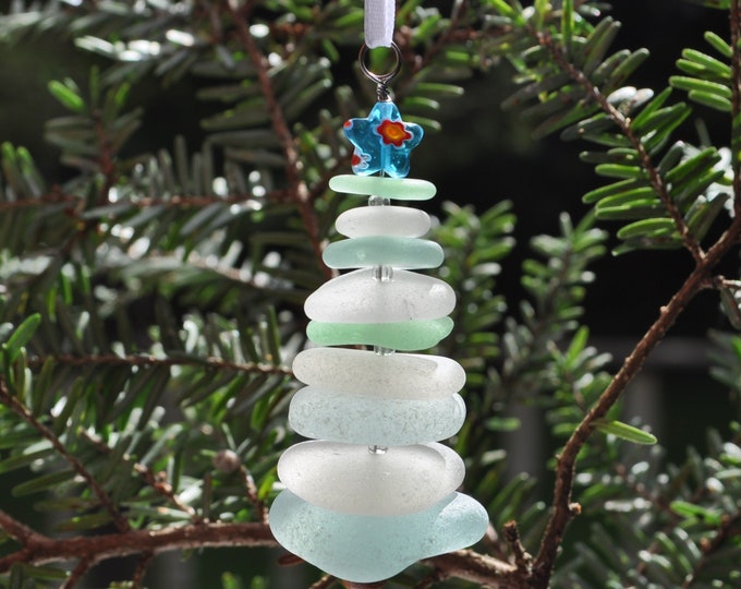 Sea Glass Christmas Tree Ornament, Delightful Stocking Stuffer, Unique Gift, Holiday Package Decor, Genuine Seafoam Mix and Aqua Star