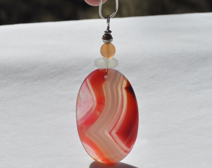 Rock Necklace, Pink Onyx Agate Pendant, Gorgeous Large Striped Stone, Genuine Sea Glass Accent, Orange Jade Bead, Sterling Chain Incl. B44