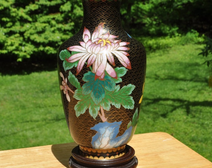 Vintage Cloisonne Over Brass Enamel Vase 8" Tall Gilded Wooden Base Free Ship