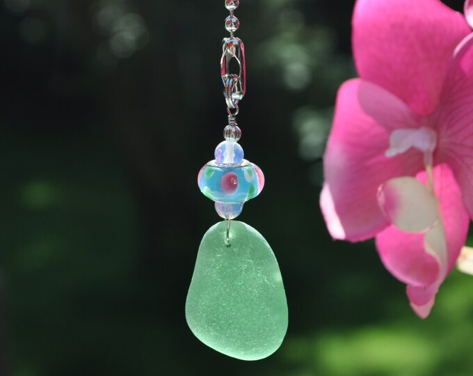 Genuine Sea Glass, Ceiling Fan Pull, Light Pull, Suncatcher, Frosty Green Drop 419, Beach Fan Pull, Lamp Pull, Unique Gift, Beaded Pull