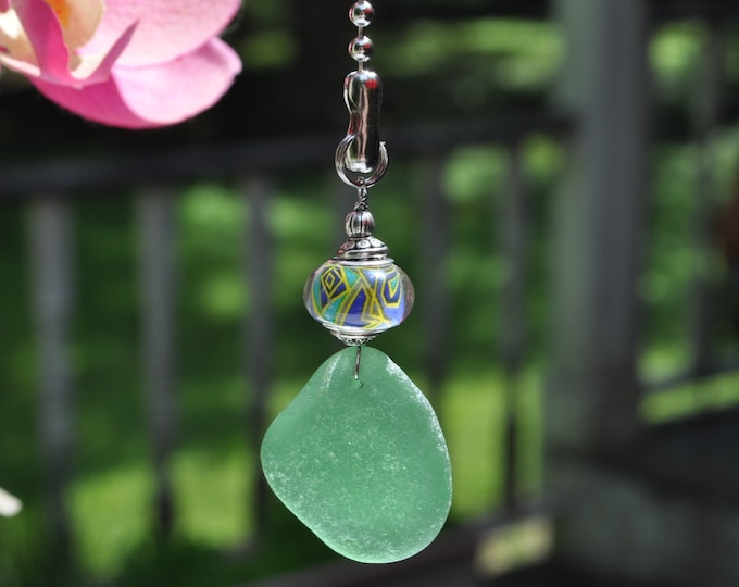 Decorative Fan Pull, Genuine Sea Glass, Ceiling Fan Pull, Light Pull, Suncatcher, Frosty Green Drop 446, Lamp Pull, Beach Gifts, Bead Pull