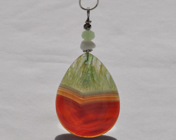 Stone Necklace, Geode Agate Rock Pendant, Large Striped Rock, Genuine Sea Glass Accent, Jade Crystal Gemstone, Sterling Chain Included B177