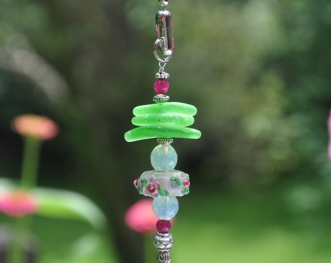 Beach Fan Pull, Genuine Sea Glass, Ceiling Fan Pull, Light Pull, Suncatcher, Frosty Green Stack 434, Lamp Pull, Unique Gift, Beaded Pull